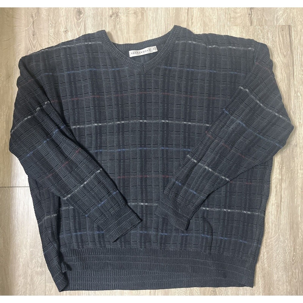 Shenandoah Mens Sweater Knit XXL 2XL Black with Color Stripes Made in USA Cotton